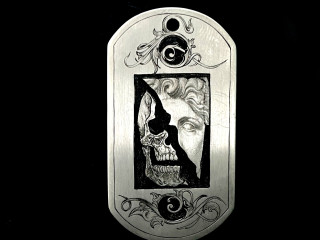 Exclusive hand engraving silver pendant with scroll ornament and skull necklace