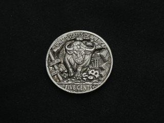 hobo nickel coin carving. Charging bull