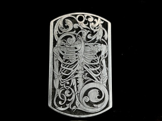 Exclusive hand engraving pendant with scroll ornament and skeleton floral